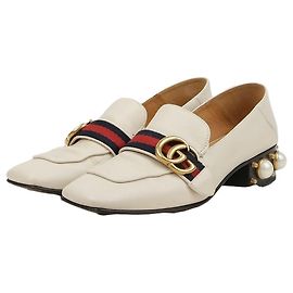 Gucci Mid Heel Leather Loafer Ivory White