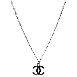 Chanel Black CC Silver Necklace Silvery