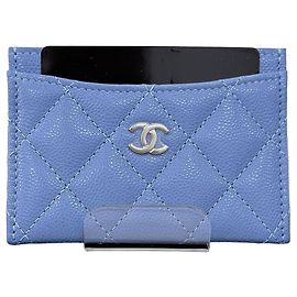 Chanel Classic Caviar Silver Card Holder Wallet Blue Blue