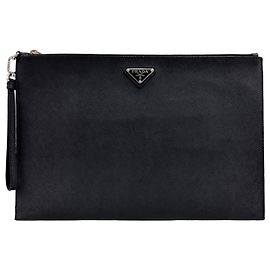 Prada Clutch Saffiano com Logótipo Triangular e Alça Preto Preto
