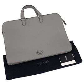 Prada Saffiano Triangle Logo Briefcase Tote Bag Brown