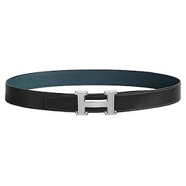 Hermès Reversible Buckle Leather Belt Black Blue Silver Finish Matte Blue