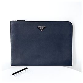 Prada Saffiano Document Clutch Bag Silvery