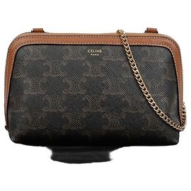 Céline Clutch con catena Triumph in tela e vitello Marrone