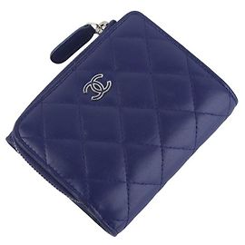 Chanel Lambskin Zip 3-Fold Wallet Blue Blue