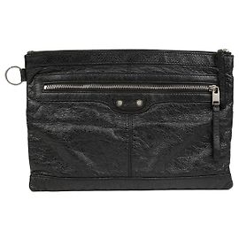 Balenciaga Medium Leather Classic Motor Clip Clutch Black Black