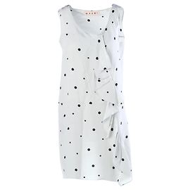 Vestido de seda com folhos em bolinhas branco e preto Marni Azul Castanho claro
