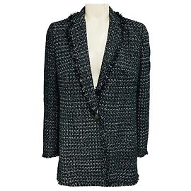 Chaqueta blazer de tweed gris carbón con múltiples flecos Akris Punto Gris