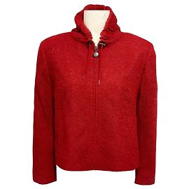 Akris Punto Red Zip Front Embroidered Crochet Wool Knit Jacket Red