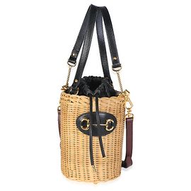 Borsa a secchiello Small Gucci 1955 Horsebit in pelle di vitello nera e vimini Beige