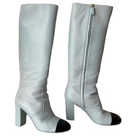 Chanel Light Blue Leather Cap Toe Knee-High Boots Black Light blue