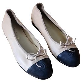 Chanel Two-Tone Leather Ballet Flats Beige Black Black Beige