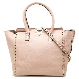 Sac cabas Valentino Rockstud à double anse en cuir rose, taille Medium Rose