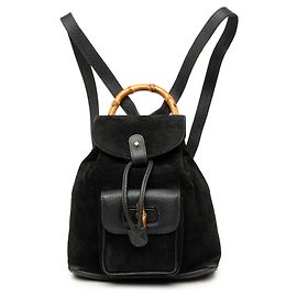 Gucci Black Suede Bamboo Drawstring Backpack Black