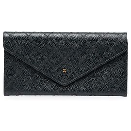 Chanel Black CC Diamond Stitched Caviar Envelope Wallet Black