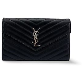 Autre Marque Saint Laurent Classic Monogram Wallet on Chain Matelasse Chevron Leather Small Noir