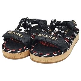 Chanel Lambskin Rope Velcro Strap Sandals Black Multi Black
