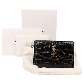Autre Marque Uptown Flap Card Case Crocodile Embossed Shiny Leather Black Black