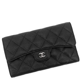 Chanel Classic Caviar Silver Logo Flap Wallet Black