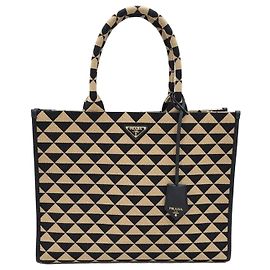 Prada Saco Tote Grande em Tecido Jacquard com Logótipo Triangular Symbol Marrom