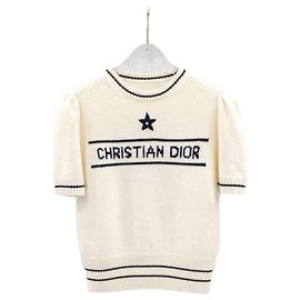Dior Kurzarm-Strick aus Wolle und Kaschmir in Ecru Weiß