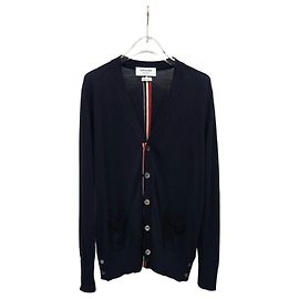 Thom Browne Three Stripe Back Stripe Wool Cardigan Navy Blue