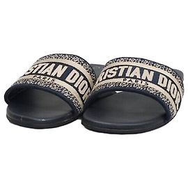 Dior Deep Blue Embroidered Cotton Mule Slippers Blue