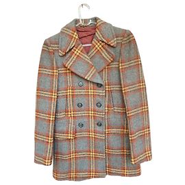 Autre Marque Chanteclair Wollmantel Kariert Grau Orange Orange Grau