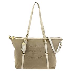 Prada Logo Convertible Canvas with Leather Large Castaño