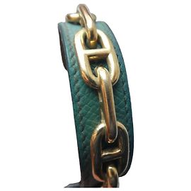 Hermès Bracciale in Pelle e Catena Dorata D'oro Verde