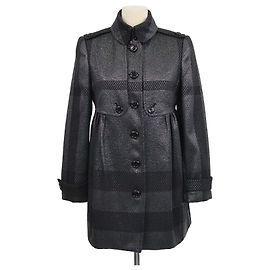 Burberry Black Polyester Wool Plaid Print Long Coat Black