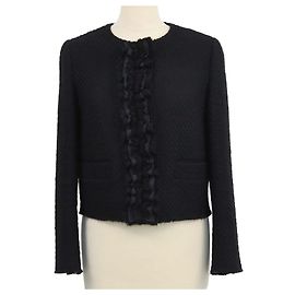 Prada Black Tweed Ruffled Trim Crop Jacket Black