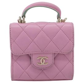 Bolsa Chanel Square Classic Flap Top Handle Clutch com corrente em pele de cordeiro acolchoada Rosa