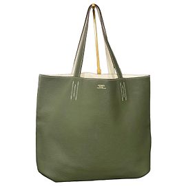 Hermès Sac Cabas Réversible Cuir Vert et Blanc Blanc Vert