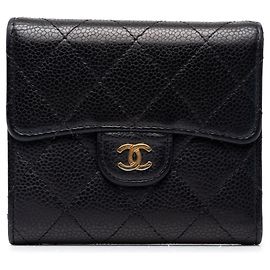Cartera Trifold Chanel CC Acolchada de Caviar Negra Small Wallets Negro