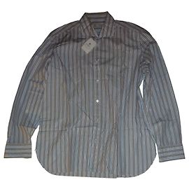 Autre Marque Luigi Borrelli Camisa de riscas de algodão azul e castanho 43 Marrom Azul