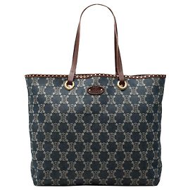 Céline Celine Blue Studded Leather Trimmed Macadam Denim Tote Blue Other