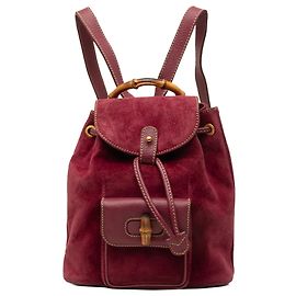 Gucci Red Mini Suede Bamboo Drawstring Backpack Red Dark red