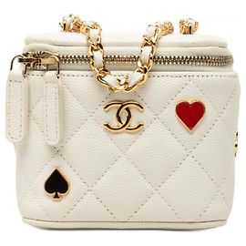 Mini vanity case Chanel Coco Casino em couro caviar matelassé branco com esmalte e corrente Branco