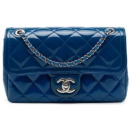 Chanel Blue Small Quilted Patent Coco Shine Flap Bleu