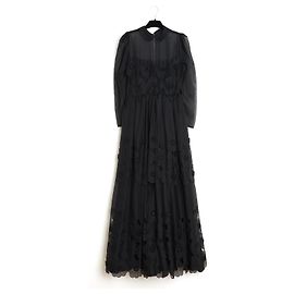 Autre Marque Les 5A 1990 Schwarzes Maxikleid Voile Blumenapplikationen Schwarz