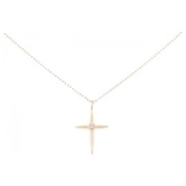 Autre Marque Collana Croce in Oro Rosa K10 e Diamanti Rosa