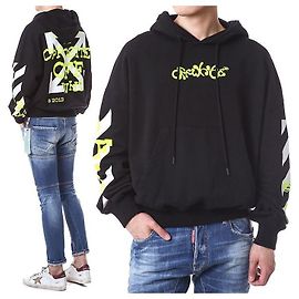 Off White Velours-Hoodie mit Schriftzug Schwarz