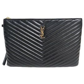 Autre Marque Black Matelassé Monogram Document Holder Strap Clutch Black