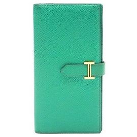 Hermès Cartera bi-fold chapada en oro verde (Stamp) Verde