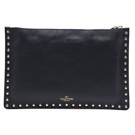 Valentino Clutch Pouch Rockstud in pelle di vitello nera e oro Nero