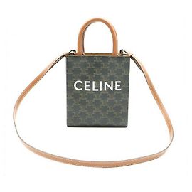 Céline Mini Vertical Cabas em tela e couro de bezerro Tan Marrom