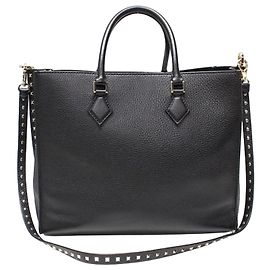 Valentino Black Grained Vitello Leather Gold Rockstud Double Handle Black