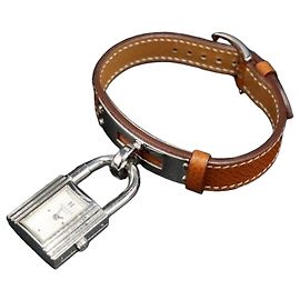 Hermès White Dial Silver Plated Padlock Watch Brown