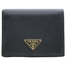 Prada Black Saffiano Leather Triangle Logo Flap Wallet Black